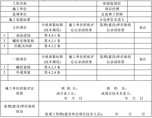 钢结构(普通紧固件连接)分项工程检验批质量验收记录