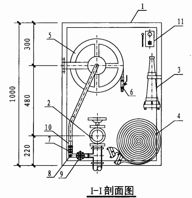 甲型单栓带消防软管卷盘消火栓箱(I-I剖面图)