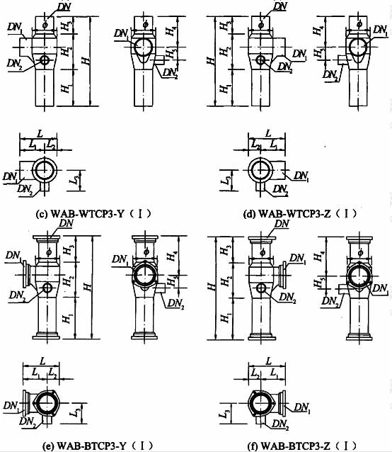 表A.1.3-2 90°四通加强型旋流器外形尺寸