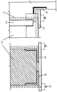 图7．7．1 撑杆端传力构造 1—安装用螺杆；2—箍板；3—原柱；4—承压角钢，用结构胶加锚栓粘锚；5—传力顶板；6—角钢撑杆；7—安装用螺杆