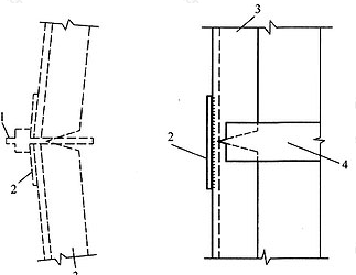 图7.7.3 角钢缺口处加焊钢板补强 1—工具式拉紧螺杆；2—补强钢板；3—角钢撑杆；4—剖口处箍板