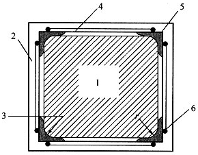 图8．1．3 外粘型钢加固 1—原柱；2—防护层；3—注胶；4—缀板；5—角钢；6—缀板与角钢焊缝