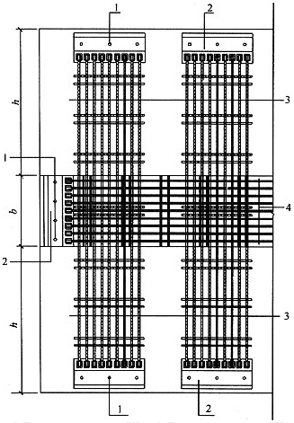 图13.3.1 采用钢丝绳网片加固的受弯构件三面展开图 1—胶粘型锚栓;2—固定板;3—抗剪加固钢筋网(横向网);4—抗弯加固钢筋网片(主网);b—梁宽;h—梁高
