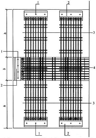 图13．3．1 采用钢丝绳网片加固的受弯构件三面展开图 1—胶粘型锚栓；2—固定板；3—抗剪加固钢筋网(横向网)；4—抗弯加固钢筋网片(主网)；b—梁宽；h—梁高