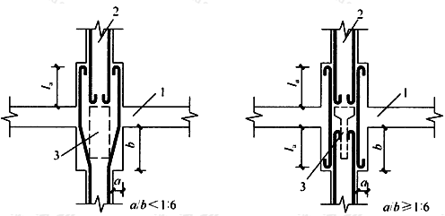 预制进深梁宽度大于构造柱宽度时构造柱的钢筋搭接示意图
