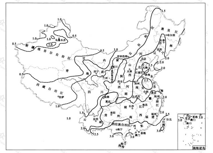  中国5年一遇10min降雨强度（q5,10）等值线图（mm/min）