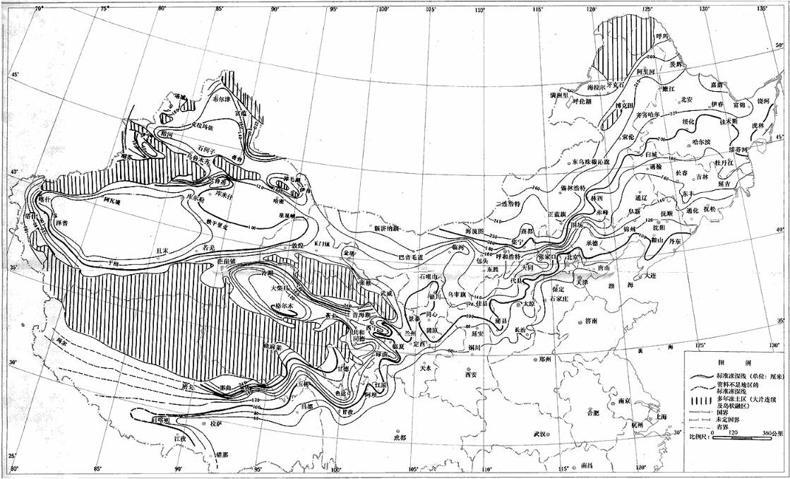 中国季节性冻土标准冻深线图