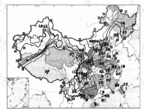 7月平均干球气温等高线分布图