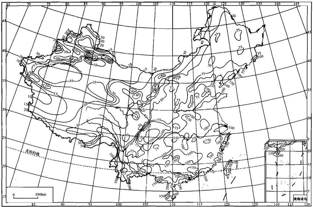 图A.0.1 中国年最大24h点雨量均值等值线（单位：mm）