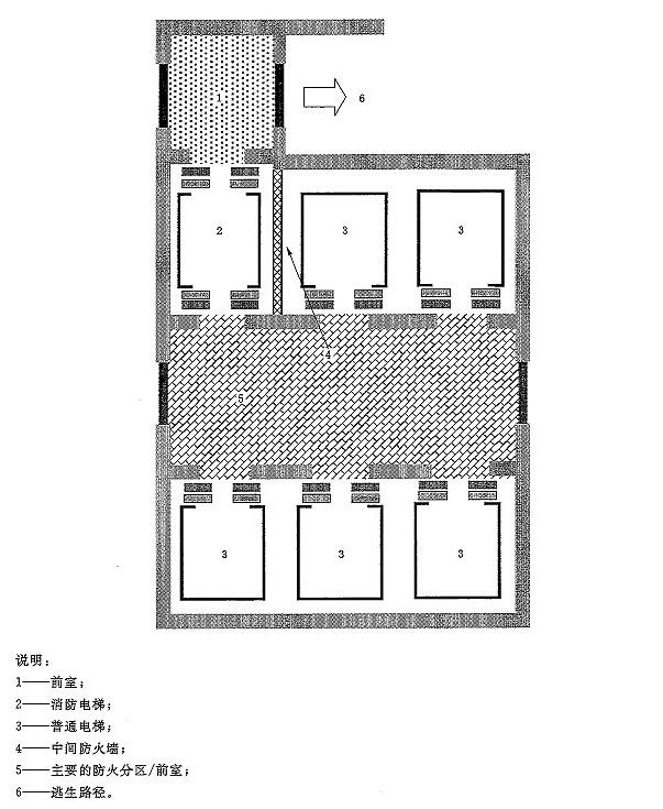 图B.3 在多梯井道内的两个出入口消防电梯和前室的布置示意图