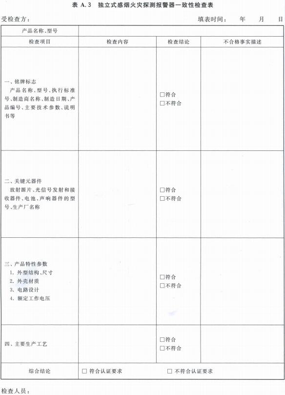 独立式感烟火灾探测报警器一致性检查表