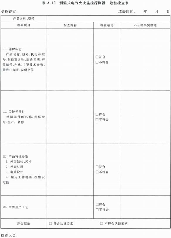 测温式电气火灾监控探测器一致性检查表