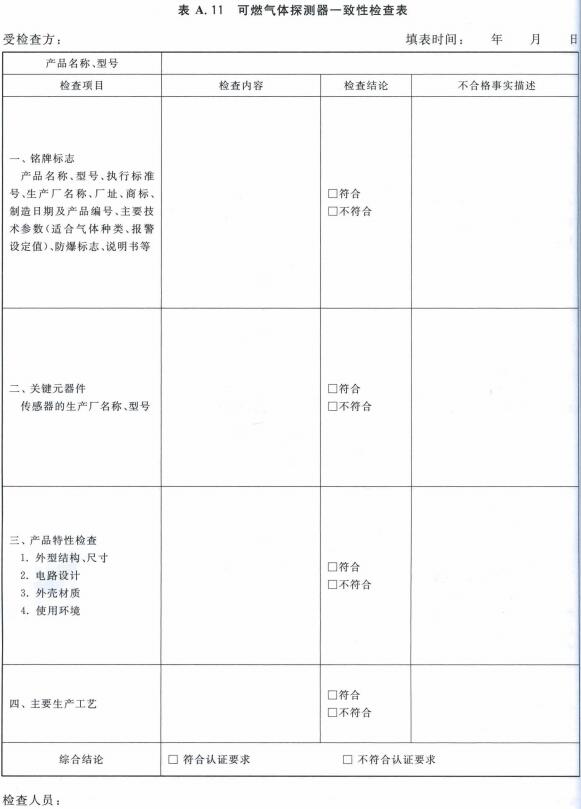 可燃气体探测器一致性检查表