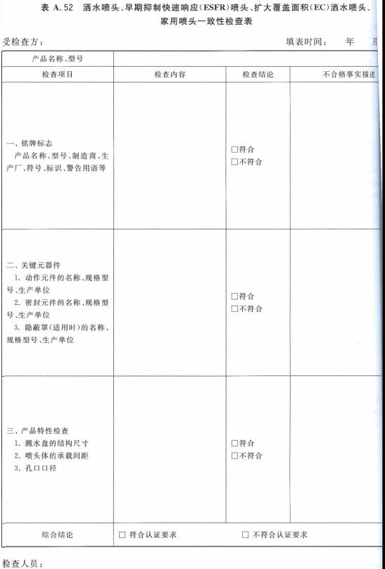 洒水喷头、早期抑制快速响应（ESFR）喷头、扩大覆盖面积（EC）洒水喷头、家用喷头一致性检查表