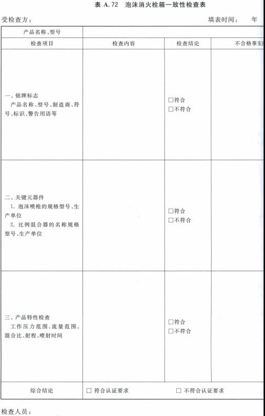 泡沫消火栓箱一致性检查表