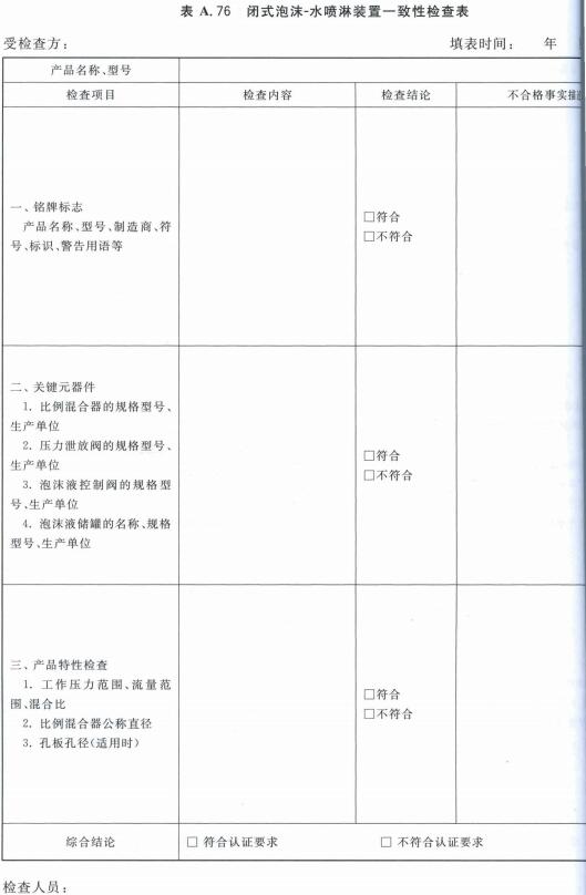 闭式泡沫-水喷淋装置一致性检查表