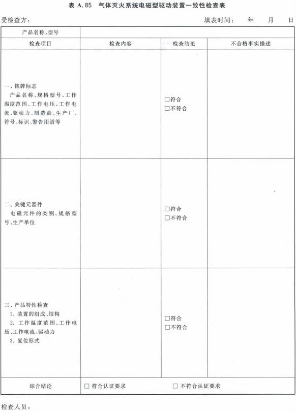 气体灭火系统电磁型驱动装置一致性检查表