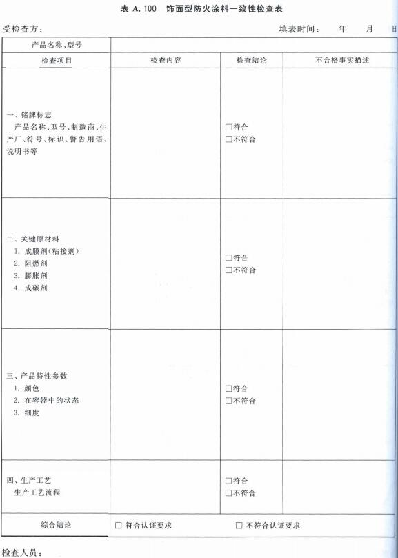 饰面型防火涂料一致性检查表