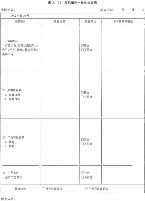 无机堵料一致性检查表