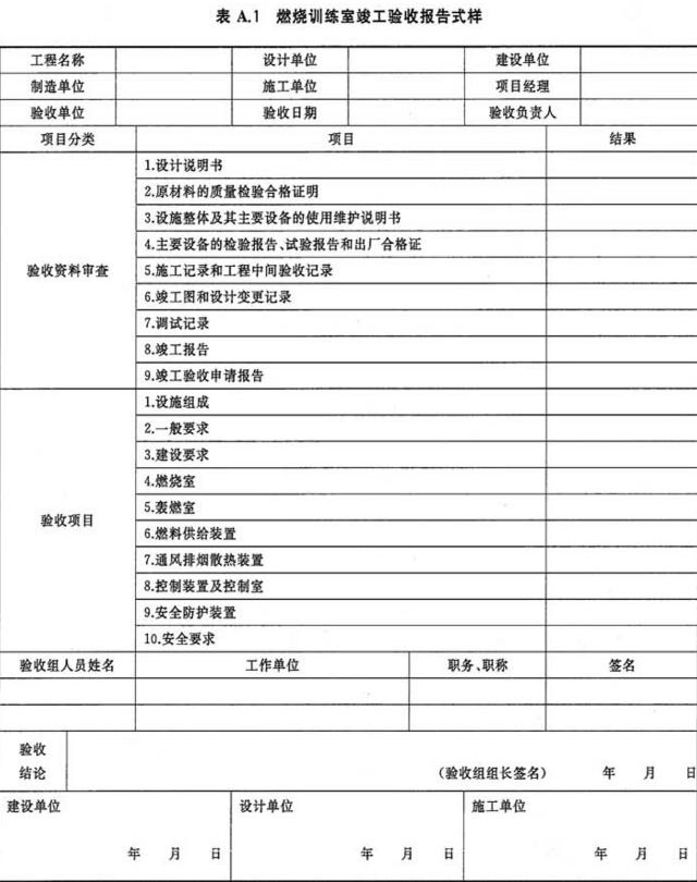 表A.1 燃烧训练室竣工验收报告式样