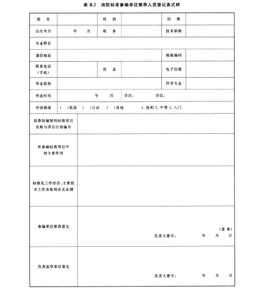 消防标准参编单位推荐人员登记表式样