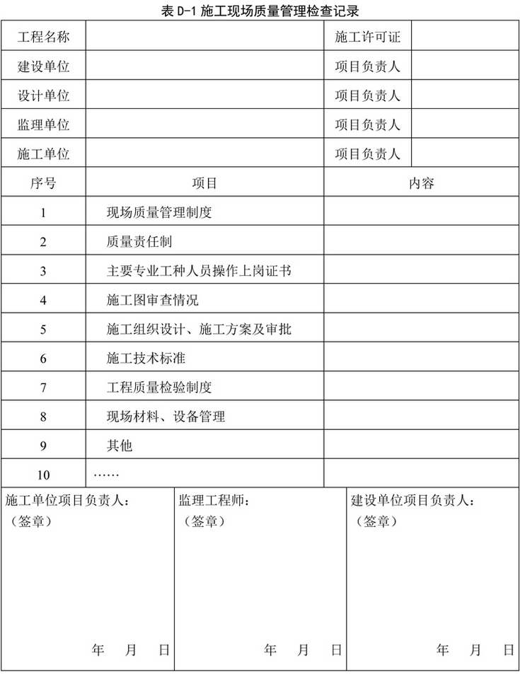 表D-1 施工现场质量管理检查记录