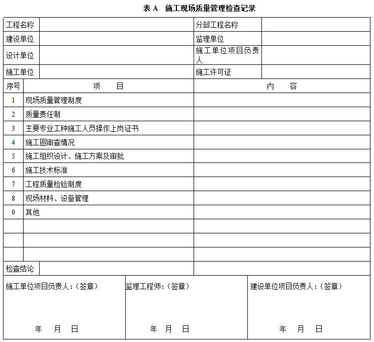 表A 施工现场质量管理检查记录