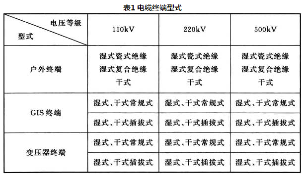 表1 电缆终端型式