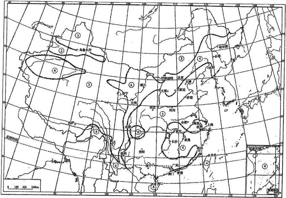 图E 夏季空气调节设计用大气透明度分布