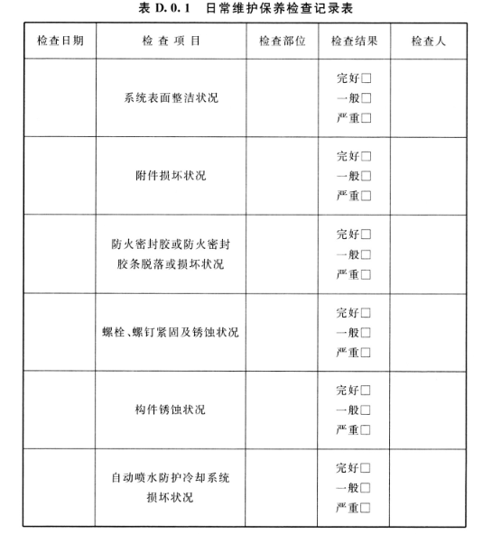 表D.0.1 日常维护保养检查记录表