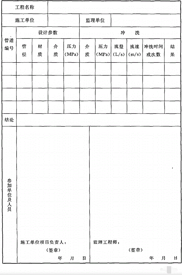 表B.0.2-5 管道冲洗记录