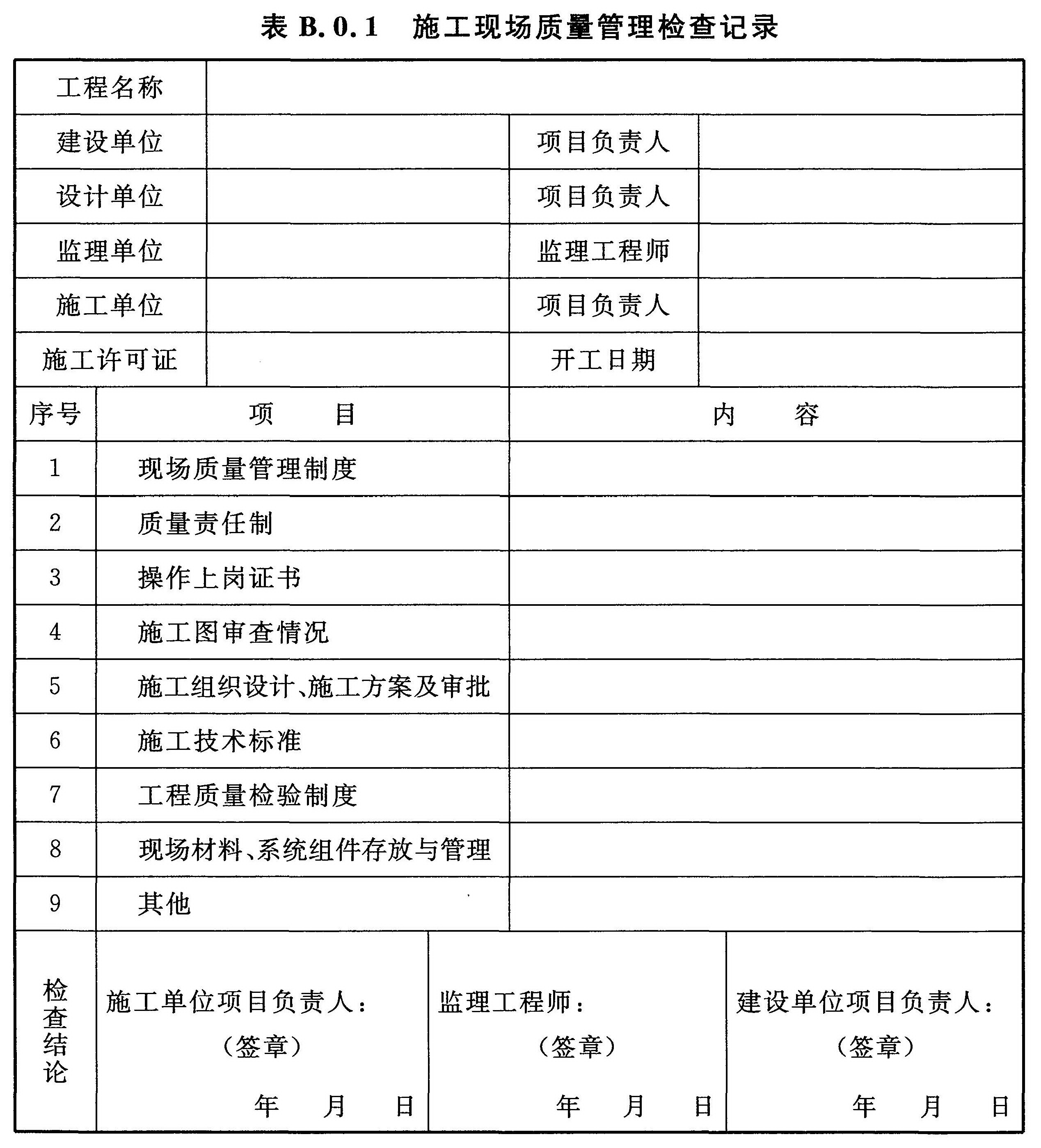 表B.0.1 施工现场质量管理检查记录