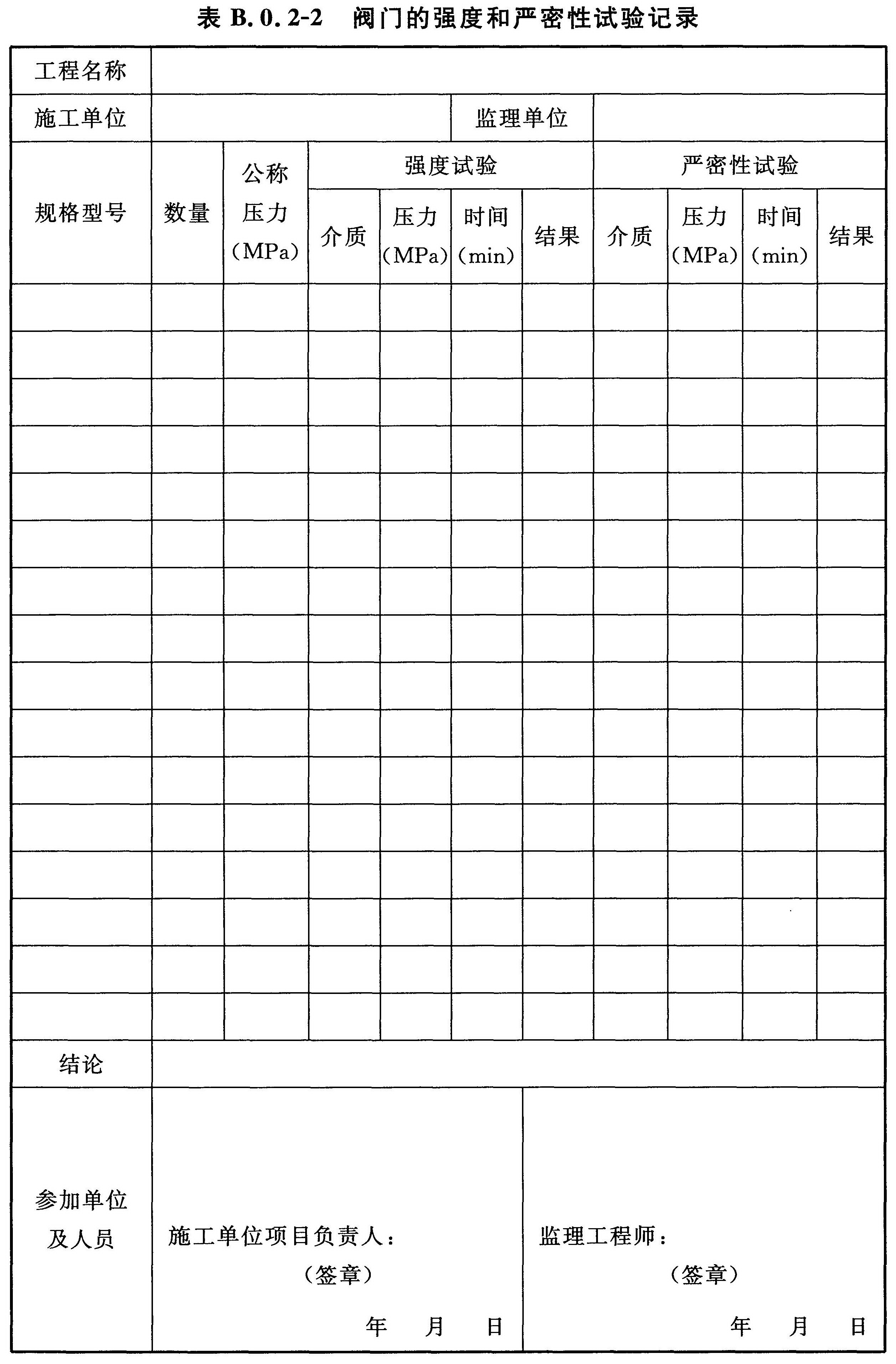 表B.0.2-2 阀门的强度和严密性试验记录