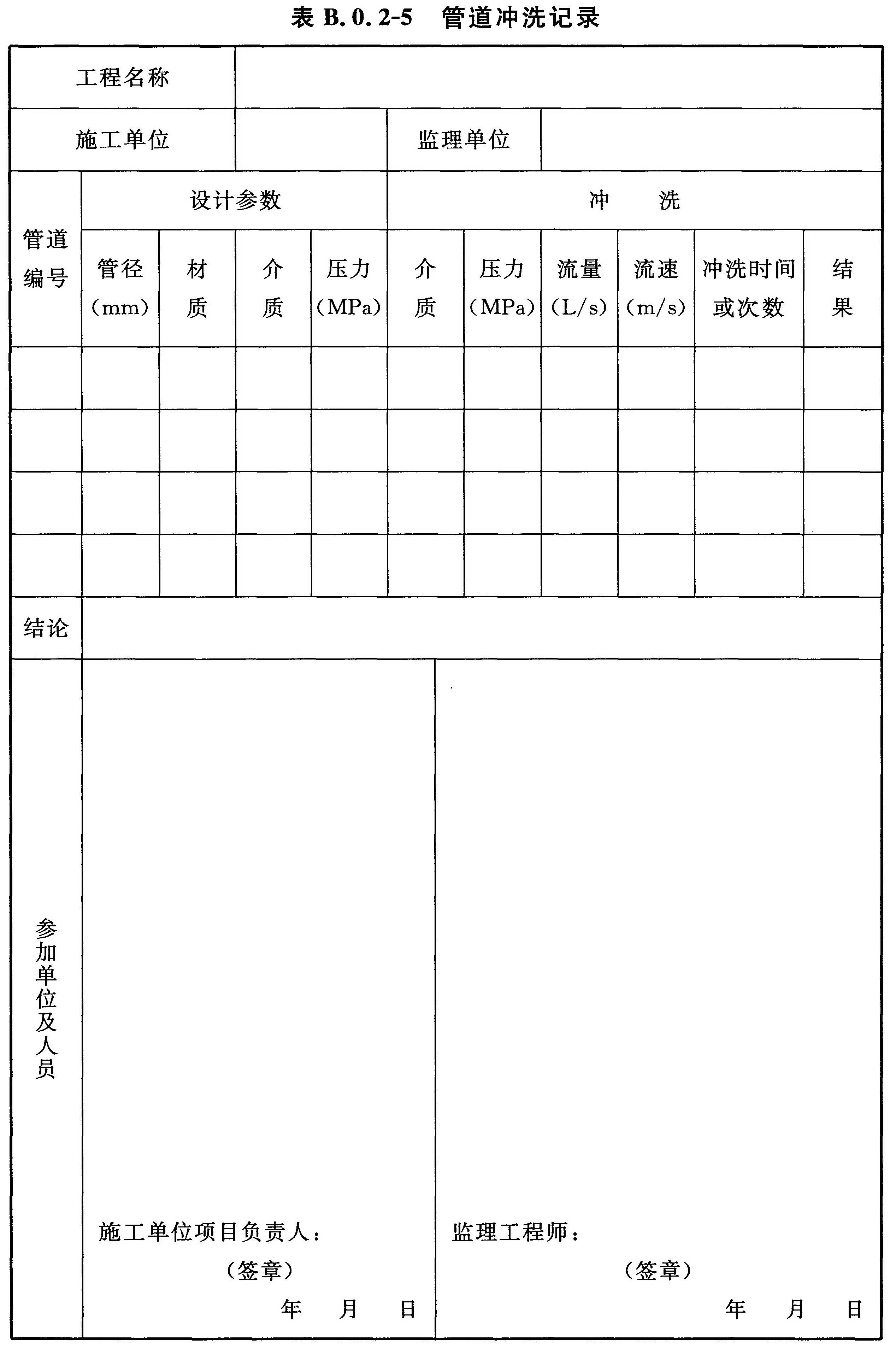 表B.0.2-5 管道冲洗记录